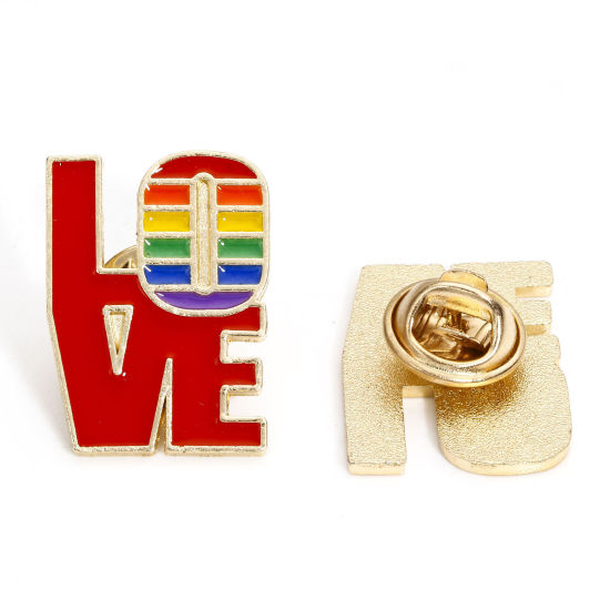 Image de 5 Pcs Broche Epingle en Alliage de Zinc Arc-en-ciel Message " LOVE " Doré Multicolore Émail 24mm x 18mm