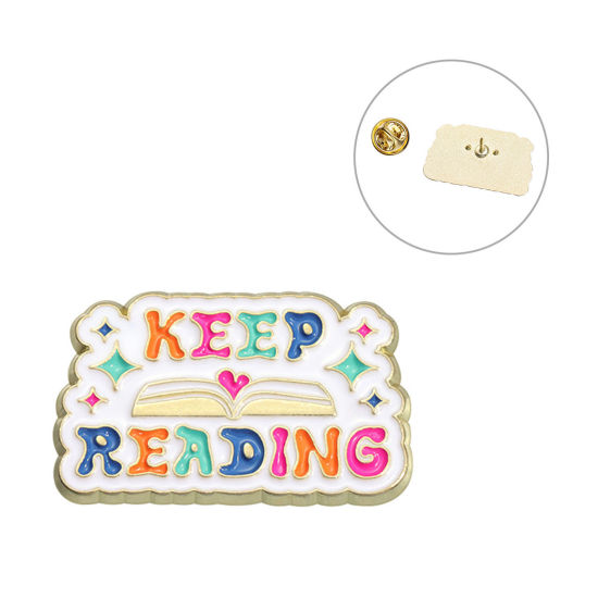 Image de 1 Pièce Broche Epingle Mignon Livre Etoile Message " keep going " Doré Émail 3cm x 1.9cm