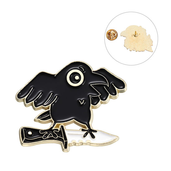 1 個 ハロウィン ブローチ クロウ ナイフ 金メッキ 黒 エナメル 3cm x 2.5cm、 の画像