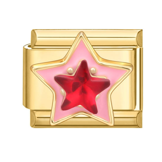 Picture of 1 Piece 304 Stainless Steel Exquisite Italian Charm Links For DIY Modular Bracelet Watch Jewelry Making Wholesale Gold Plated Rectangle Pentagram Star 10mm x 9mm