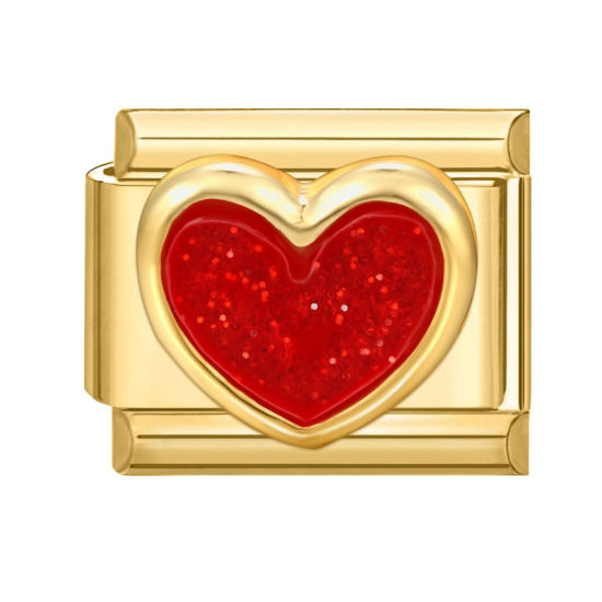 Picture of 1 Piece 304 Stainless Steel Valentine's Day Italian Charm Links For DIY Modular Bracelet Watch Jewelry Making Wholesale Gold Plated Red Rectangle Heart 10mm x 9mm