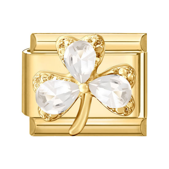 Picture of 1 Piece 304 Stainless Steel Exquisite Italian Charm Links For DIY Modular Bracelet Watch Jewelry Making Wholesale Gold Plated Rectangle Leaf Clover Shamrock Clear Rhinestone 10mm x 9mm