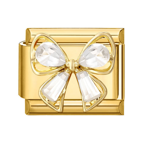 Picture of 1 Piece 304 Stainless Steel Exquisite Italian Charm Links For DIY Modular Bracelet Watch Jewelry Making Wholesale Gold Plated Rectangle Bowknot Clear Rhinestone 10mm x 9mm