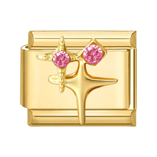 Picture of 1 Piece 304 Stainless Steel Exquisite Italian Charm Links For DIY Modular Bracelet Watch Jewelry Making Wholesale Gold Plated Rectangle Star Pink Rhinestone 10mm x 9mm
