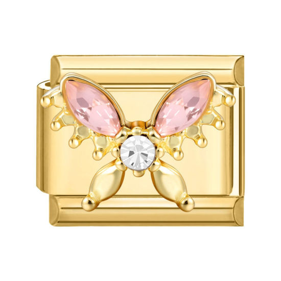Picture of 1 Piece 304 Stainless Steel Exquisite Italian Charm Links For DIY Modular Bracelet Watch Jewelry Making Wholesale Gold Plated Rectangle Butterfly Pink Rhinestone 10mm x 9mm