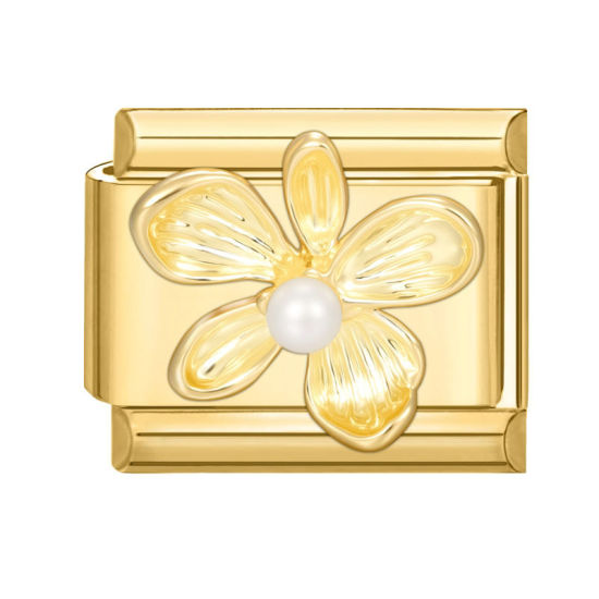 Image de 1 Pièce Maillons de Charme Italiens pour la Fabrication de Bijoux de Montres-Bracelets Modulables à Faire Soi-Même En Gros Exquis en 304 Acier Inoxydable Doré Rectangle Fleurs 10mm x 9mm