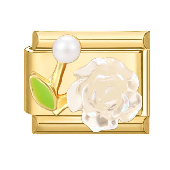Image de 1 Pièce Maillons de Charme Italiens pour la Fabrication de Bijoux de Montres-Bracelets Modulables à Faire Soi-Même En Gros Exquis en 304 Acier Inoxydable Doré Rectangle Rose 10mm x 9mm