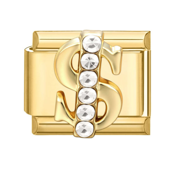 Image de 1 Pièce Maillons de Charme Italiens pour la Fabrication de Bijoux de Montres-Bracelets Modulables à Faire Soi-Même En Gros Exquis en 304 Acier Inoxydable Doré Rectangle Symbole de Monnaie du Dollar 10mm x 9mm