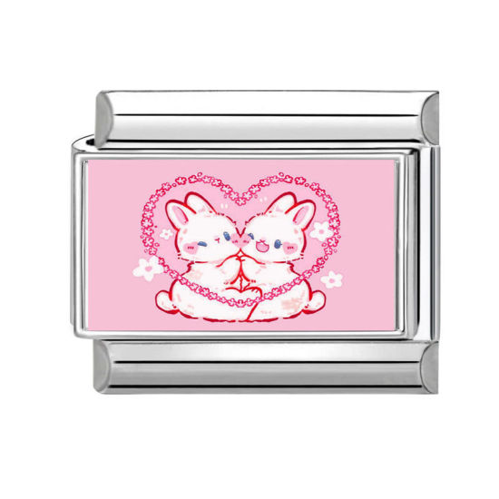 Image de 1 Pièce Bracelet à Maillons Breloques Italiens Accessories de Fabrication de Bracelets Bijoux DIY La Saint Valentin en 304 Acier Inoxydable Argent Mat Rose Rectangle Lapins 10mm x 9mm