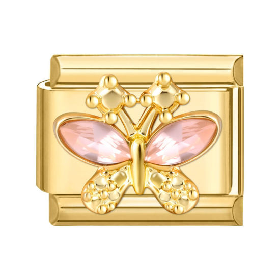 Image de 1 Pièce Maillons de Charme Italiens pour la Fabrication de Bijoux de Montres-Bracelets Modulables à Faire Soi-Même En Gros Exquis en 304 Acier Inoxydable Doré Rectangle Papillons à Strass Rose 10mm x 9mm