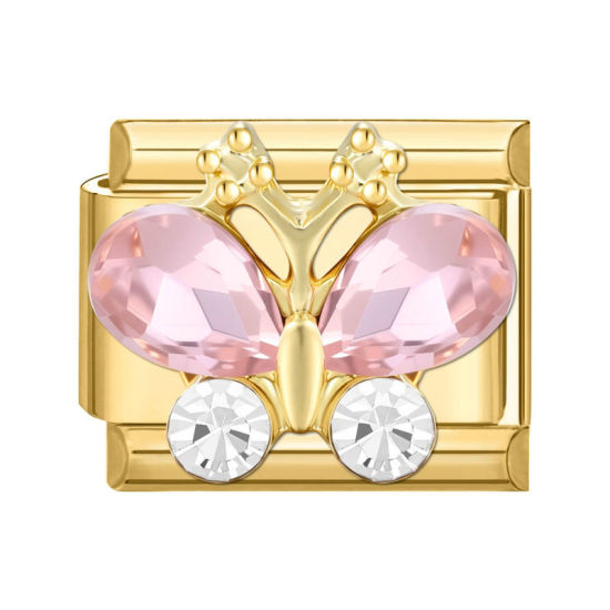 Image de 1 Pièce Maillons de Charme Italiens pour la Fabrication de Bijoux de Montres-Bracelets Modulables à Faire Soi-Même En Gros Exquis en 304 Acier Inoxydable Doré Rectangle Papillons à Strass Rose 10mm x 9mm