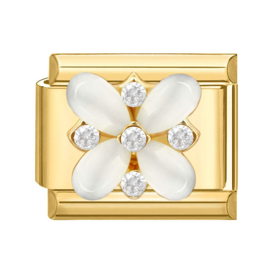 Image de 1 Pièce Maillons de Charme Italiens pour la Fabrication de Bijoux de Montres-Bracelets Modulables à Faire Soi-Même En Gros en 304 Acier Inoxydable Doré Rectangle Fleurs à Strass Transparent 10mm x 9mm