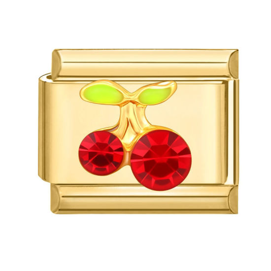 Image de 1 Pièce Maillons de Charme Italiens pour la Fabrication de Bijoux de Montres-Bracelets Modulables à Faire Soi-Même En Gros en 304 Acier Inoxydable Doré Rectangle Cerises à Strass Rouge 10mm x 9mm
