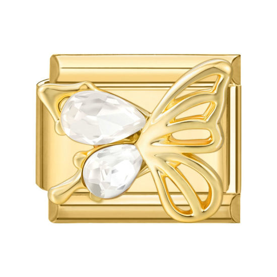 Image de 1 Pièce Maillons de Charme Italiens pour la Fabrication de Bijoux de Montres-Bracelets Modulables à Faire Soi-Même En Gros en 304 Acier Inoxydable Doré Rectangle Papillons à Strass Transparent 10mm x 9mm