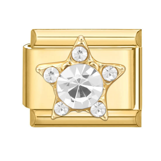 Image de 1 Pièce Maillons de Charme Italiens pour la Fabrication de Bijoux de Montres-Bracelets Modulables à Faire Soi-Même En Gros en 304 Acier Inoxydable Doré Rectangle Pentacle à Strass Transparent 10mm x 9mm