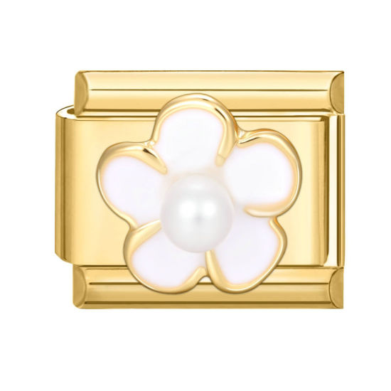 Image de 1 Pièce Maillons de Charme Italiens pour la Fabrication de Bijoux de Montres-Bracelets Modulables à Faire Soi-Même En Gros en 304 Acier Inoxydable Doré Blanc Rectangle Fleurs 10mm x 9mm