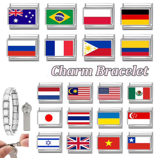Picture of 1 Piece 304 Stainless Steel Italian Charm Links For DIY Bracelet Jewelry Making Wholesale Silver Tone Rectangle Union Jack Flag 10mm x 9mm
