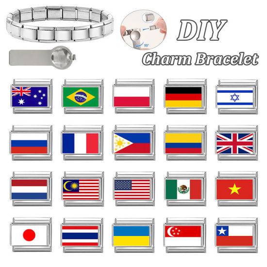 Picture of 1 Piece 304 Stainless Steel Italian Charm Links For DIY Bracelet Jewelry Making Wholesale Silver Tone Rectangle Union Jack Flag 10mm x 9mm