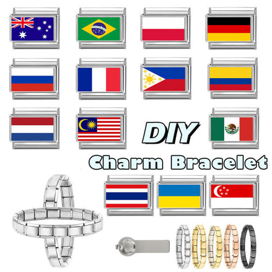 Picture of 1 Piece 304 Stainless Steel Italian Charm Links For DIY Bracelet Jewelry Making Wholesale Silver Tone Rectangle Union Jack Flag 10mm x 9mm