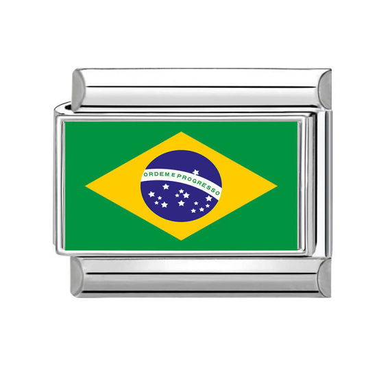 Picture of 1 Piece 304 Stainless Steel Italian Charm Links For DIY Bracelet Jewelry Making Wholesale Silver Tone Rectangle Brazilian Flag 10mm x 9mm