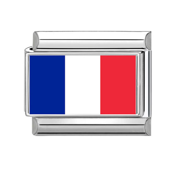 Picture of 1 Piece 304 Stainless Steel Italian Charm Links For DIY Bracelet Jewelry Making Wholesale Silver Tone Rectangle French Flag 10mm x 9mm