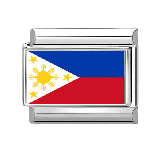 Picture of 1 Piece 304 Stainless Steel Italian Charm Links For DIY Bracelet Jewelry Making Wholesale Silver Tone Rectangle Philippine Flag 10mm x 9mm