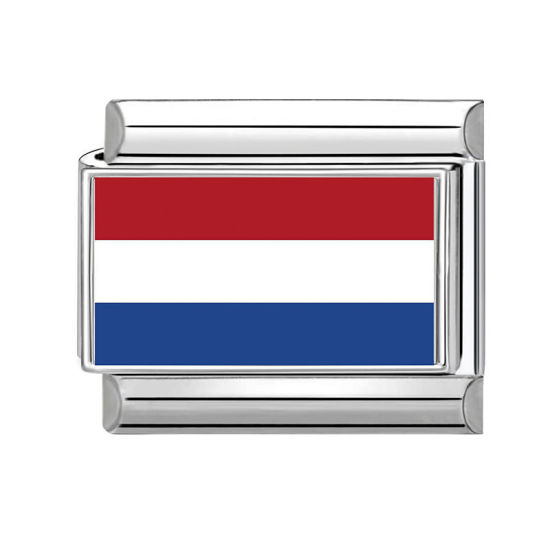 Picture of 1 Piece 304 Stainless Steel Italian Charm Links For DIY Bracelet Jewelry Making Wholesale Silver Tone Rectangle Dutch Flag 10mm x 9mm