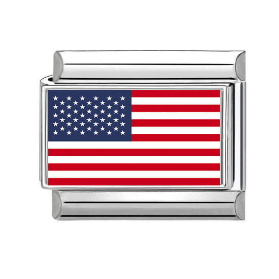 Picture of 1 Piece 304 Stainless Steel Italian Charm Links For DIY Bracelet Jewelry Making Wholesale Silver Tone Rectangle Flag Of The United States 10mm x 9mm