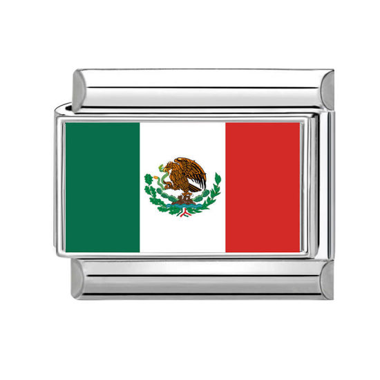 Picture of 1 Piece 304 Stainless Steel Italian Charm Links For DIY Bracelet Jewelry Making Wholesale Silver Tone Rectangle Mexican Flag 10mm x 9mm