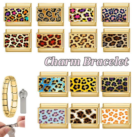 Image de 1 Pièce Bracelet à Maillons Breloques Italiens Accessories de Fabrication de Bracelets Bijoux DIY En Gros en 304 Acier Inoxydable Doré Brun Rectangle Léopard 10mm x 9mm