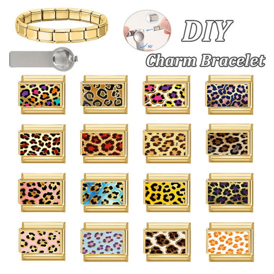 Image de 1 Pièce Bracelet à Maillons Breloques Italiens Accessories de Fabrication de Bracelets Bijoux DIY En Gros en 304 Acier Inoxydable Doré Brun Rectangle Léopard 10mm x 9mm