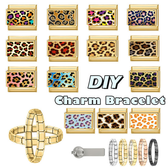 Image de 1 Pièce Bracelet à Maillons Breloques Italiens Accessories de Fabrication de Bracelets Bijoux DIY En Gros en 304 Acier Inoxydable Doré Brun Rectangle Léopard 10mm x 9mm
