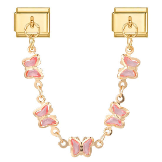 Image de 1 Pièce Chaîne Connectée à Maillons Doubles Italian Charm pour la Fabrication de Bijoux-Montres et Bracelets Modulaires DIY En Gros Insecte en 304 Acier Inoxydable Doré Papillons à Strass Rose Alliage de Zinc Pendentif 10mm x 9mm