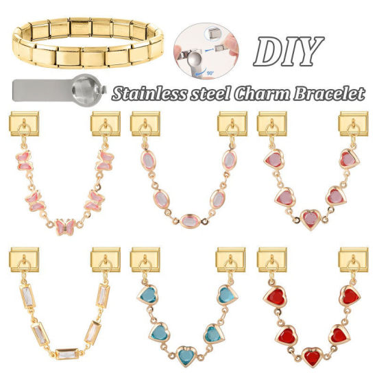 Image de 1 Pièce Chaîne Connectée à Maillons Doubles Italian Charm pour la Fabrication de Bijoux-Montres et Bracelets Modulaires DIY En Gros Insecte en 304 Acier Inoxydable Doré Papillons à Strass Rose Alliage de Zinc Pendentif 10mm x 9mm