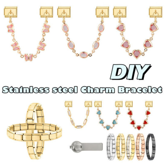 Image de 1 Pièce Chaîne Connectée à Maillons Doubles Italian Charm pour la Fabrication de Bijoux-Montres et Bracelets Modulaires DIY En Gros Insecte en 304 Acier Inoxydable Doré Papillons à Strass Rose Alliage de Zinc Pendentif 10mm x 9mm