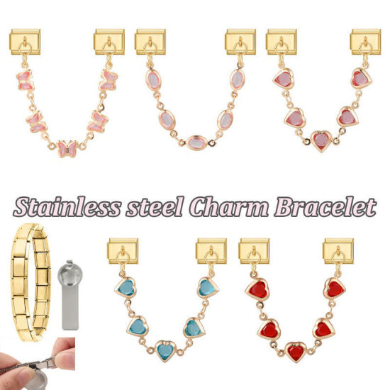 Image de 1 Pièce Chaîne Connectée à Maillons Doubles Italian Charm pour la Fabrication de Bijoux-Montres et Bracelets Modulaires DIY En Gros Insecte en 304 Acier Inoxydable Doré Papillons à Strass Rose Alliage de Zinc Pendentif 10mm x 9mm