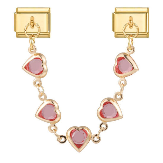 Image de 1 Pièce Chaîne Connectée à Maillons Doubles Italian Charm pour la Fabrication de Bijoux-Montres et Bracelets Modulaires DIY En Gros La Saint Valentin en 304 Acier Inoxydable Doré Cœur à Strass Rose Alliage de Zinc Pendentif 10mm x 9mm
