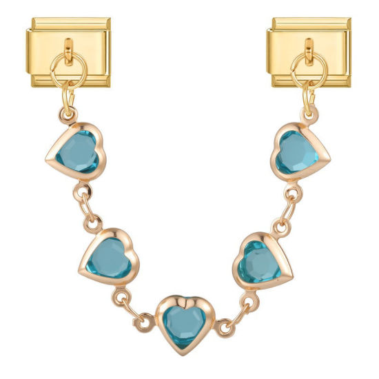 Image de 1 Pièce Chaîne Connectée à Maillons Doubles Italian Charm pour la Fabrication de Bijoux-Montres et Bracelets Modulaires DIY En Gros La Saint Valentin en 304 Acier Inoxydable Doré Cœur à Strass Bleu Alliage de Zinc Pendentif 10mm x 9mm