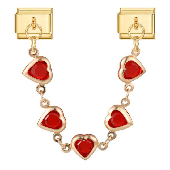 Image de 1 Pièce Chaîne Connectée à Maillons Doubles Italian Charm pour la Fabrication de Bijoux-Montres et Bracelets Modulaires DIY En Gros La Saint Valentin en 304 Acier Inoxydable Doré Cœur à Strass Rouge Alliage de Zinc Pendentif 10mm x 9mm