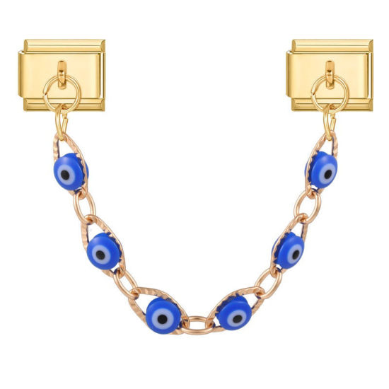 Image de 1 Pièce Chaîne Connectée à Maillons Doubles Italian Charm pour la Fabrication de Bijoux-Montres et Bracelets Modulaires DIY En Gros en 304 Acier Inoxydable Doré en Bleu Foncé Émail Œil Mauvais Alliage de Zinc Pendentif 10mm x 9mm