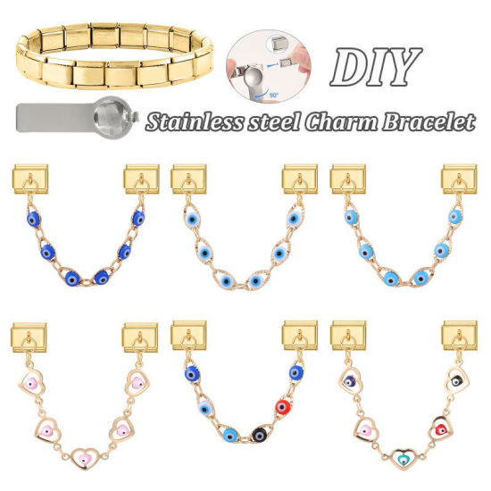 Image de 1 Pièce Chaîne Connectée à Maillons Doubles Italian Charm pour la Fabrication de Bijoux-Montres et Bracelets Modulaires DIY En Gros en 304 Acier Inoxydable Doré en Bleu Foncé Émail Œil Mauvais Alliage de Zinc Pendentif 10mm x 9mm