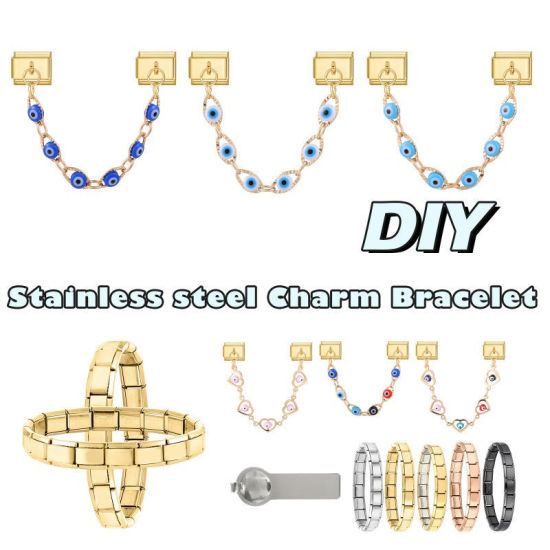 Image de 1 Pièce Chaîne Connectée à Maillons Doubles Italian Charm pour la Fabrication de Bijoux-Montres et Bracelets Modulaires DIY En Gros en 304 Acier Inoxydable Doré en Bleu Foncé Émail Œil Mauvais Alliage de Zinc Pendentif 10mm x 9mm