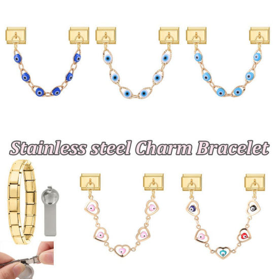 Image de 1 Pièce Chaîne Connectée à Maillons Doubles Italian Charm pour la Fabrication de Bijoux-Montres et Bracelets Modulaires DIY En Gros en 304 Acier Inoxydable Doré en Bleu Foncé Émail Œil Mauvais Alliage de Zinc Pendentif 10mm x 9mm