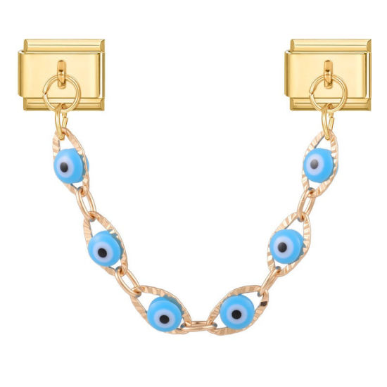 Image de 1 Pièce Chaîne Connectée à Maillons Doubles Italian Charm pour la Fabrication de Bijoux-Montres et Bracelets Modulaires DIY En Gros en 304 Acier Inoxydable Doré en Bleu Émail Œil Mauvais Alliage de Zinc Pendentif 10mm x 9mm