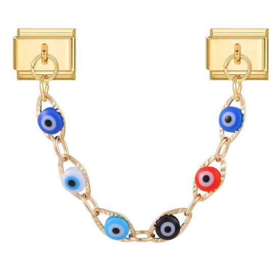 Image de 1 Pièce Chaîne Connectée à Maillons Doubles Italian Charm pour la Fabrication de Bijoux-Montres et Bracelets Modulaires DIY En Gros en 304 Acier Inoxydable Doré en Multicolore Émail Œil Mauvais Alliage de Zinc Pendentif 10mm x 9mm