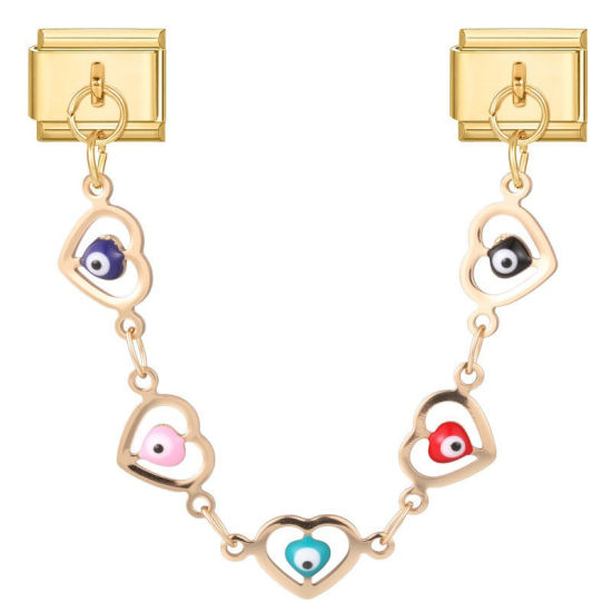 Image de 1 Pièce Chaîne Connectée à Maillons Doubles Italian Charm pour la Fabrication de Bijoux-Montres et Bracelets Modulaires DIY En Gros La Saint Valentin en 304 Acier Inoxydable Doré en Couleur Mélangée Au Hasard Émail Œil Mauvais Alliage de Zinc Pendentif 10mm x 9mm