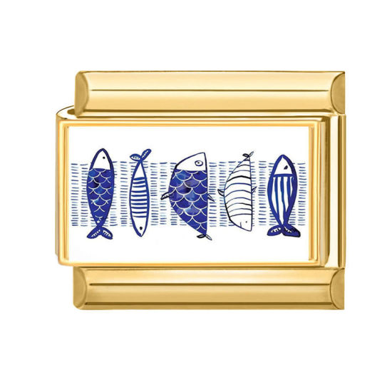Picture of 1 Piece 304 Stainless Steel Ocean Jewelry Italian Charm Links For DIY Bracelet Jewelry Making Wholesale Gold Plated Blue Rectangle Fish 10mm x 9mm