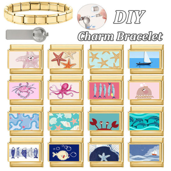 Picture of 1 Piece 304 Stainless Steel Ocean Jewelry Italian Charm Links For DIY Bracelet Jewelry Making Wholesale Gold Plated Blue Rectangle Fish 10mm x 9mm