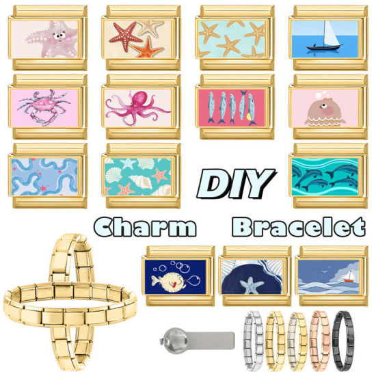 Picture of 1 Piece 304 Stainless Steel Ocean Jewelry Italian Charm Links For DIY Bracelet Jewelry Making Wholesale Gold Plated Blue Rectangle Fish 10mm x 9mm