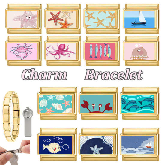 Picture of 1 Piece 304 Stainless Steel Ocean Jewelry Italian Charm Links For DIY Bracelet Jewelry Making Wholesale Gold Plated Blue Rectangle Fish 10mm x 9mm